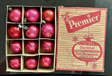 1940s WWII Premier Christmas Ornaments Gold Striped & Plain Red w/ Box Set of 12 picture