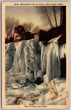 Minneapolis Minnesota 1940s Postcard Minnehaha Falls In Winter Snow Frozen Ice picture