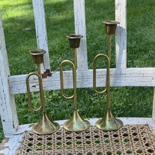 VTG Brass Horn Candlestick holders Horn Bugle Set Of 3 Christmas crafts wreaths picture