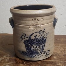 Vintage 1990 Rowe Pottery Works Salt Glaze Crock Blueberry Basket Utensil Jar WI picture