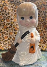 Vintage Ceramic Halloween Ghost Witch Girl Broom Rare White Hand Made Ceramic picture