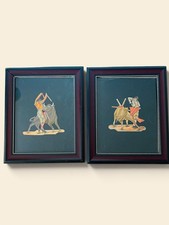 x2 Vintage Framed Mis Century Spanish Bullfighting Wood Mosaic Mexican Straw Art picture