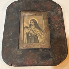 Rare Primitive St Therese Retablo Folk Art Catholic Icon Tin Frame Opelousas LA picture