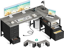 55 Inch L Shaped Office Desk with 6 Drawers, Power Outlet, Grey | 5 Fabric Drawe picture