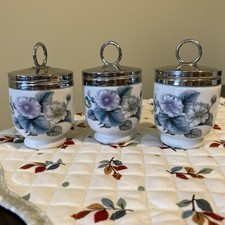Royal Worcester Porcelain Egg Coddlers Set of 3 Floral Chrome Lids 3.5” picture