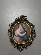 Vintage Italy Ornate Brass Oval Wall Frame Mother & Child Padded Silk Portrait picture