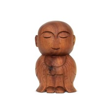 Wooden Buddha Monk Figurine Hand Carved Smiling Zen Statue Meditation Home Decor picture