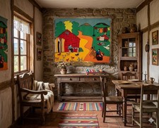 RARE Huge Vintage 1975 Chilean Arpillera - Hand-Stitched Textile Folk Art 36x45