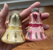 Vintage 2 Bell Glass Christmas Ornaments West Germany Gold & Pink Glitter picture