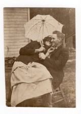 Affectionate Couple Parasol Chair Snapshot 1910s Edwardian Antique Photo picture