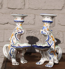 PAIR antique french faience Dragon chimaera figural candle holder candlestick picture