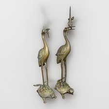 2 Vintage EXQUISITELY HAND CARVED Brass Crane Standing On Turtle Figurine 13” L picture