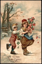 Antique New Year Postcard Children Ice Skating Roses Shamrocks Embossed German picture