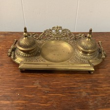 Vintage Solid BRASS DOUBLE INKWELL STAND VINTAGE 5 x 11 picture
