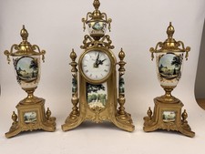 Vtg Italian Lancini Franz Hermle Brass Porcelain 3pc Mantel Clock Garniture Set picture