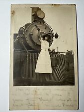 HTF 1912 CLEBURNE TEXAS Woman Standing on TRAIN ENGINE RPPC Photo RAILROAD picture