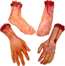 4 Pieces Fake Human Severed Hands Feet Set Scary Bloody Broken Body Parts Hallow picture