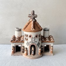 Vintage Peruvian Folk Art Candle Holder Ayacucho Quinua Pottery Church picture