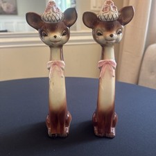 Vintage 1956 NAPCO Bambi Deer Salt & Pepper Shakers Long Neck Floral Hats Pair picture