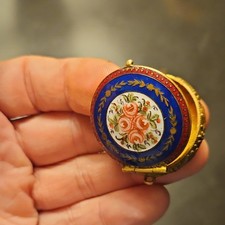 Antique French Champlevé Enamel Locket Pill Box Hand Painted Floral Ormolu 19thC picture
