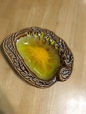 Vintage Cal Style Footed Ceramic Ashtray Leaf Patterned 8.5” MCM Mustard Yellow picture