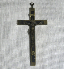ANTIQUE PECTORAL METAL CROSS SILVER EBONY  INLAY CRUCIFIX SKULL & CROSSBONES 7” picture