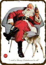 1956 SANTA CLAUS & REINDEER & COCA-COLA Vntg-Look DECORATIVE REPLICA METAL SIGN picture