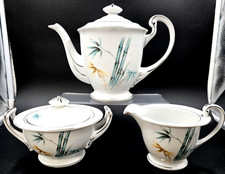 MIWA Meijyo Japan Porcelain Bamboo 3 pc Tea Pot Creamer & Sugar Set Silver Trim picture