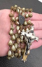 Vintage Faux Pearl Rosary Necklace Crucifix Pendant Brass Tone picture