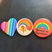 Vintage 80s Rainbow Pin Lot 1983 Sanrio Heart Unicorn Hooked on Rainbows Buttons picture