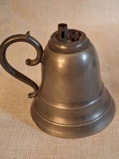 Antique Pewter Bell Whale Oil Lamp Double Tube Burner Scroll Handle c. 1830s picture