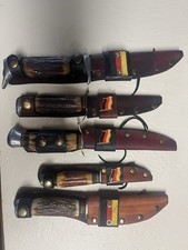 Handmade Knives w/ Red Stag Handles & Leather Sheaths - German steel - LOT OF 5 picture