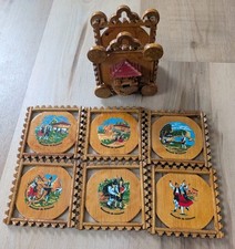 VTG Wooden Coaster Set Asturias Spain Dancing Folk Art Souvenir Set Of 6 picture