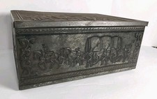 Vintage Schöller German Embossed Metal Tin Box Military Horse Wagon Hinged Chest picture