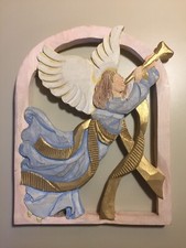 Vintage Folk Art Wooden Painted Angel Playing Trumpet Wall Hanging picture
