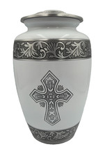 Large Handcrafted Metal Funeral Urn W/Cross Design Secure Lid Velvet Bag White picture