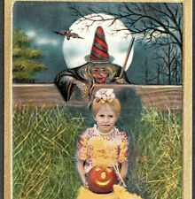 Witch CLEAN / Un-Mailed Halloween Bat Full Moon Girl JOL Sanders 581-3 PostCard picture