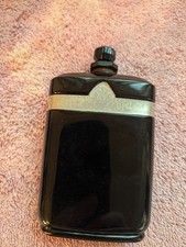 Antique Art Deco Black Glass Perfume Bottle Silver Overlay Band Faceted Stopper picture