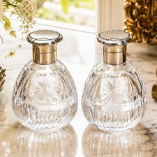 Pair Antique English Cut Crystal Perfume Bottles Sterling Silver & Blue Enamel  picture