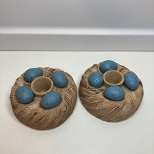 A Pair Vintage Serrv pottery Candle Holder Eggs On Nest Made in Peru Easter vibe picture
