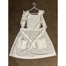 Vintage White Eyelet Ruffle Bib Apron Pinafore Cottagecore Pockets Tie Back picture