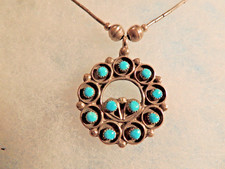 Vtg Zuni American Indian circa 1960 Fine Turquoise Pendant Silver Liquid Chain picture