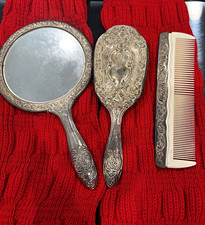 Vintage Ornate Silverplate Vanity Set Hand Mirror Hair Brush & Comb picture