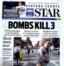 Boston Marathon Bombings Newspaper Ventura County Star 4/16/2013 Bomb Terrorists picture