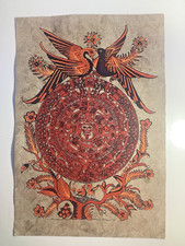 Mexican Amate Bark Folk Art Handmade Painting - Red Aztec Calendar - 16 x 23 picture