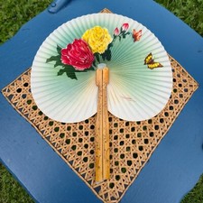 Antique Chinese Paper Bamboo Hand Fan Folding Floral Hand Painted Handle Art 70s picture