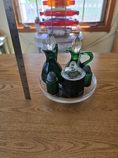 Paden City VERY RARE Emerald Glo Carousel Condiment Set Lazy Susan Green Glass picture
