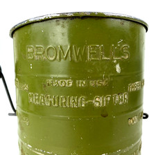 VINTAGE GREEN BROMWELL'S FLOUR SIFTER Tin Crank Handle Farmhouse Kitchen Decor picture
