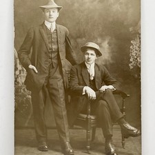 1910s Two Handsome Young Men Suits Hats Gay Interest RPPC Antique Photo Postcard picture
