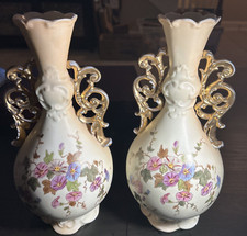 Pair Antique Hand Painted Embossed RW Rudolstadt Handled Vase Germany Floral picture